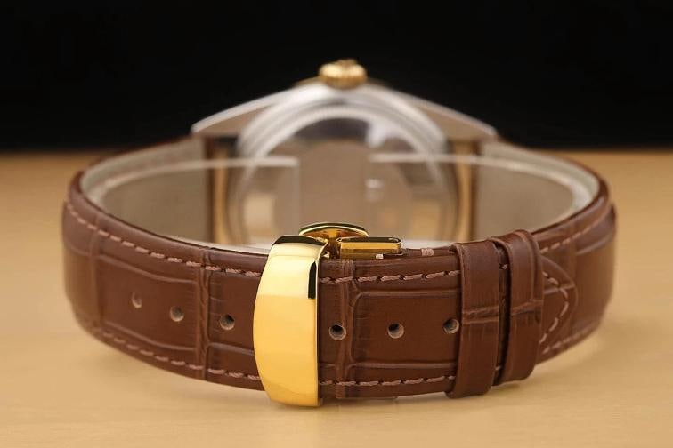 ROLEX MENS DATEJUST 16013 18K GOLD STEEL CHAMPAGNE DIAMOND BROWN LEATHER WATCH - 6