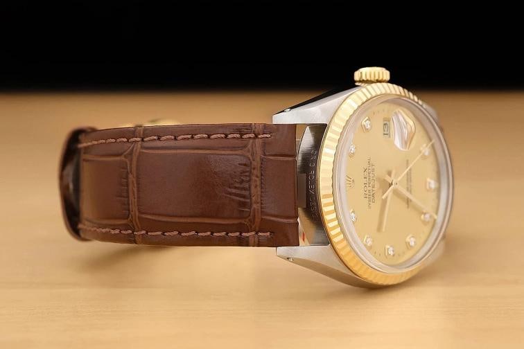 ROLEX MENS DATEJUST 16013 18K GOLD STEEL CHAMPAGNE DIAMOND BROWN LEATHER WATCH - 7