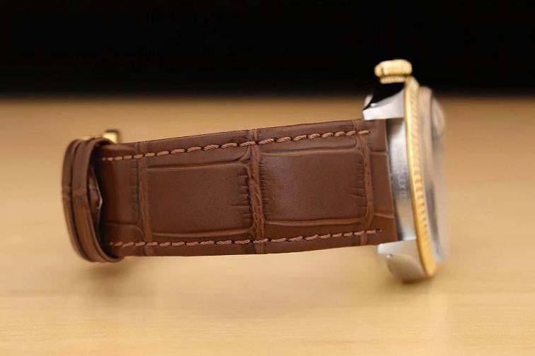 ROLEX MENS DATEJUST 16013 18K GOLD STEEL CHAMPAGNE DIAMOND BROWN LEATHER WATCH - 8