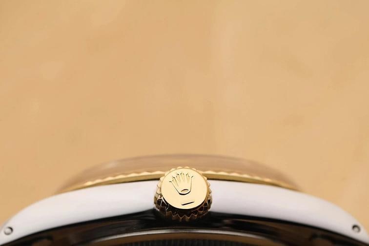 ROLEX MENS DATEJUST 16013 18K GOLD STEEL CHAMPAGNE DIAMOND BROWN LEATHER WATCH - 9