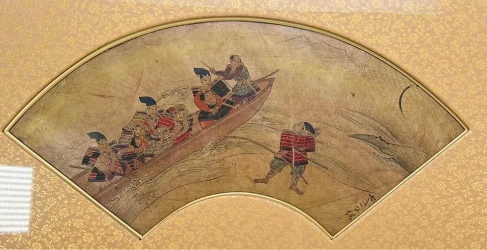 Antique Japanese Edo Signed Ukiyo-e Samurai Boat Battle Paper Fan Leaf Painting - 12