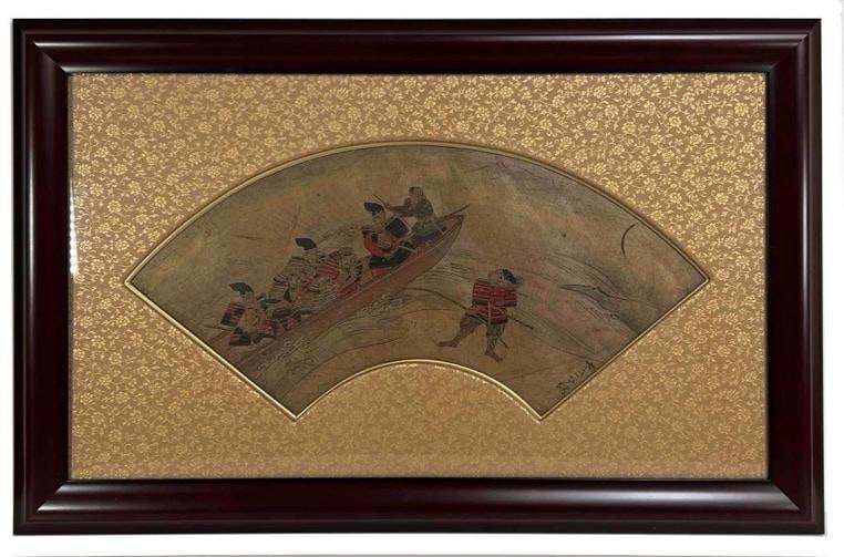 Antique Japanese Edo Signed Ukiyo-e Samurai Boat Battle Paper Fan Leaf Painting: Dimensions of framed artwork: 29" in length, 18-1/2" in height, appx. 1" in depth (including bevel) Dimensions of fan: appx. 21" in length (widest point), appx 7-3/4" in height (measured at center) . 