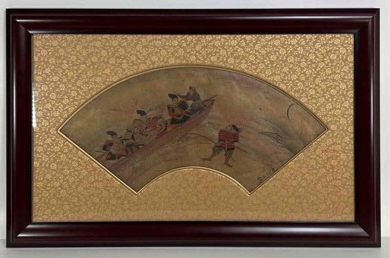 Antique Japanese Edo Signed Ukiyo-e Samurai Boat Battle Paper Fan Leaf Painting - 2