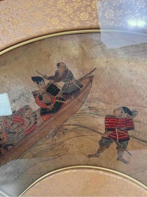 Antique Japanese Edo Signed Ukiyo-e Samurai Boat Battle Paper Fan Leaf Painting - 3