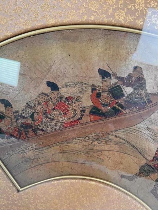 Antique Japanese Edo Signed Ukiyo-e Samurai Boat Battle Paper Fan Leaf Painting - 5