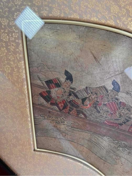 Antique Japanese Edo Signed Ukiyo-e Samurai Boat Battle Paper Fan Leaf Painting - 6