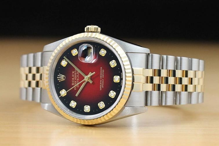 ROLEX MENS DATEJUST 16233 RED VIGNETTE DIAMOND 18K YELLOW GOLD STEEL WATCH - 2