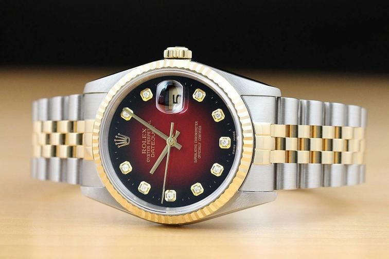 ROLEX MENS DATEJUST 16233 RED VIGNETTE DIAMOND 18K YELLOW GOLD STEEL WATCH - 3