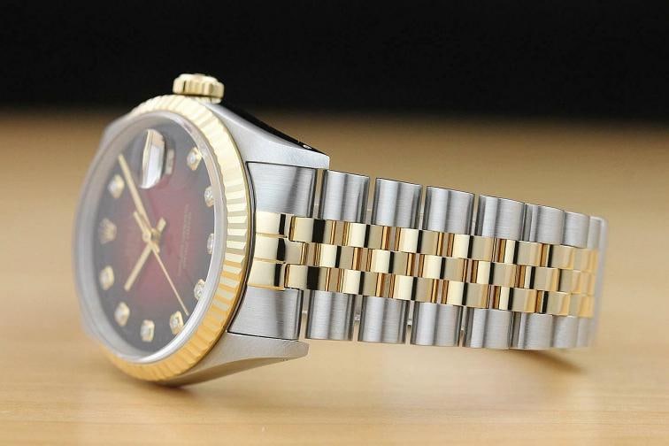 ROLEX MENS DATEJUST 16233 RED VIGNETTE DIAMOND 18K YELLOW GOLD STEEL WATCH - 4