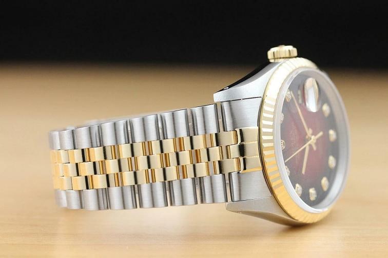 ROLEX MENS DATEJUST 16233 RED VIGNETTE DIAMOND 18K YELLOW GOLD STEEL WATCH - 7
