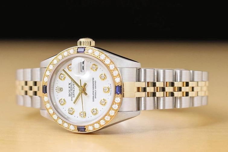 ROLEX LADIES DATEJUST 79173 WHITE DIAL 18K GOLD STEEL DIAMOND SAPPHIRE WATCH - 2