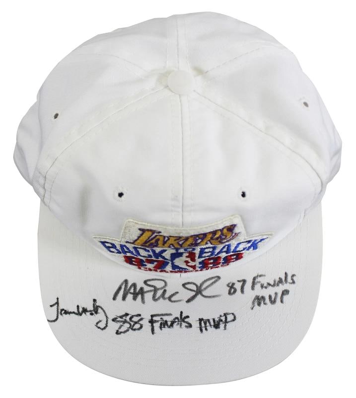 Magic Johnson & James Worthy "Finals MVP" Signed 1987-88 NBA Champions Hat BAS 1 - 2