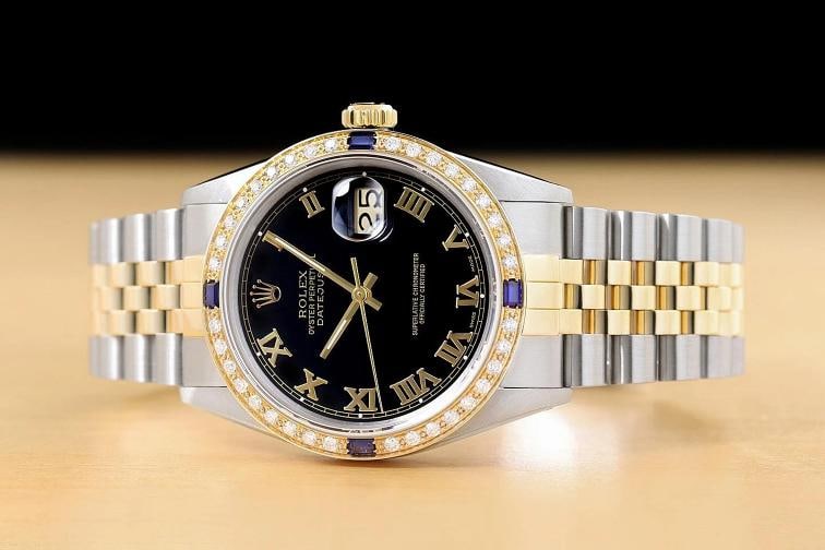 ROLEX MENS DATEJUST 16013 BLACK ROMAN DIAL SAPPHIRE DIAMOND 18K GOLD STEEL WATCH - 3