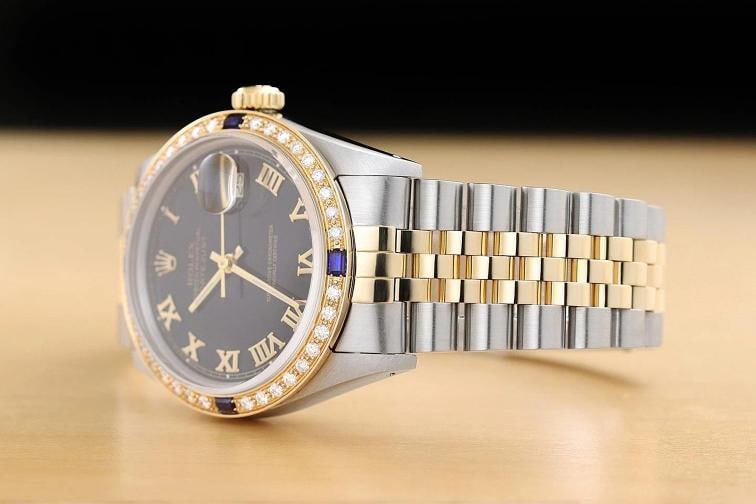 ROLEX MENS DATEJUST 16013 BLACK ROMAN DIAL SAPPHIRE DIAMOND 18K GOLD STEEL WATCH - 4