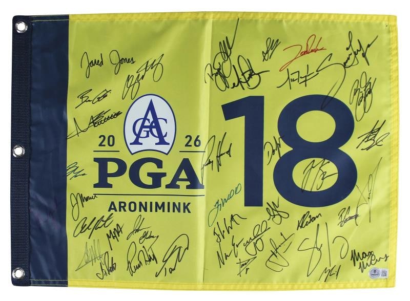 (39) Fleetwood, Clark, Thomas, Rahm +35 Signed 2026 PGA Championship Flag Beckett (1 of 7)