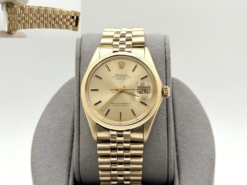 Rolex Date 1503 34mm Champagne Dial Yellow Gold Jubilee: Style Number: 1503 Serial: 328**** Year: 1973 Model: Rolex Date Case Material: 14k Yellow Gold Band: Custom 14k Yellow Gold Jubilee Bracelet Bezel: 14k Yellow Gold Fluted Dial: Champagne Dial