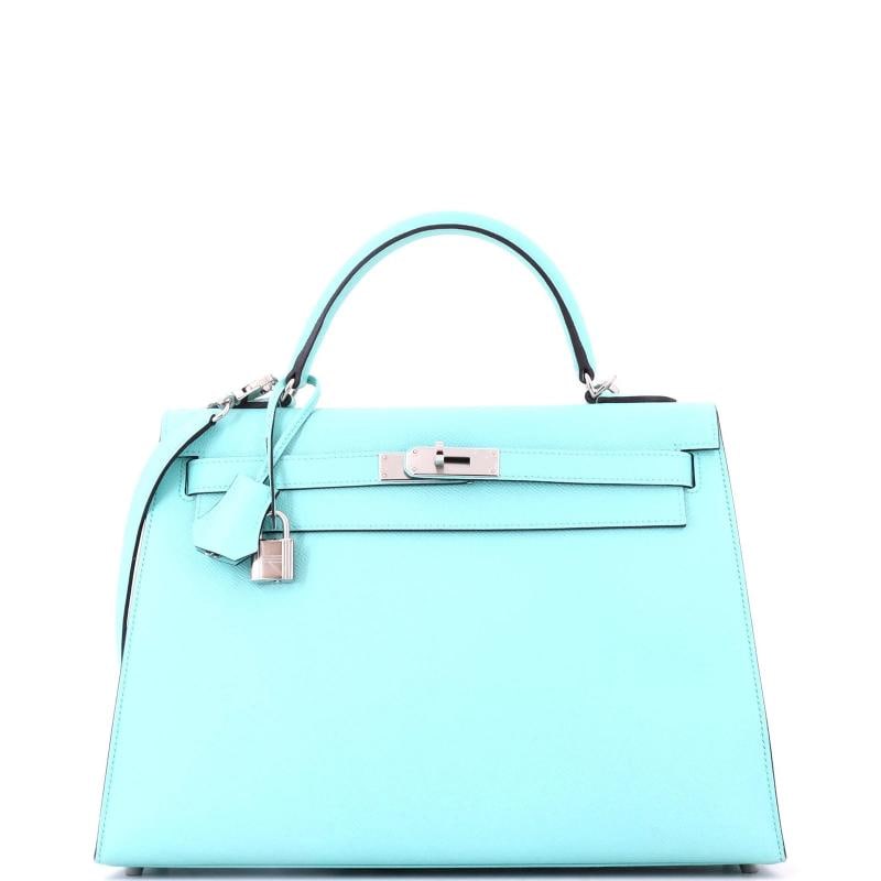 Hermes Kelly Handbag Blue Epsom with Palladium Hardware 32: Accessories: Lock, Keys, Clochette, With Strap Measurements: Height 9", Width 13", Depth 4.5". Condition: Pre-owned - Excellent,Brand: Hermes,Exterior Material: Leather,Style: Top Handle,Exterior Colo