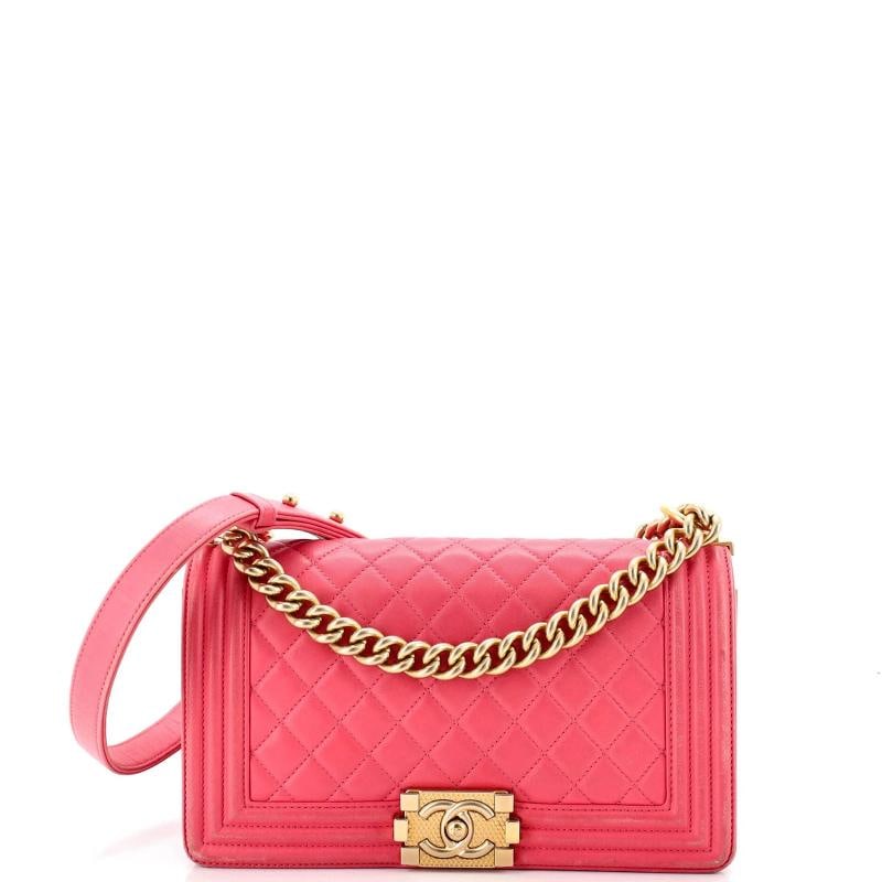 Chanel Boy Flap Bag Quilted Calfskin Old Medium: Measurements: Handle Drop 12", Height 6", Width 10", Depth 3", Strap Drop 20" . Condition: Pre-owned - Fair,Brand: Chanel,Exterior Material: Leather,Style: Shoulder Bags,Exterior Color: Pink,Departmen