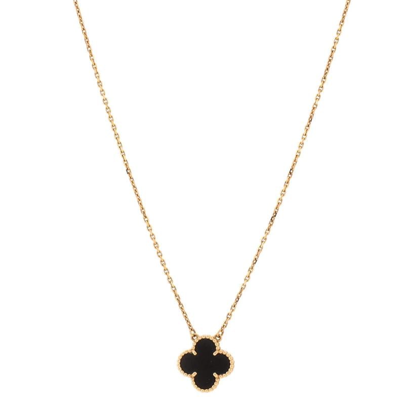 Van Cleef & Arpels Vintage Alhambra Pendant Necklace 18K Yellow Gold and Onyx: Measurements: Length: 14.75 - 16.5 ", Pendant Length: 15.05 mm, Pendant Width: 14.70 mm . Condition: Pre-owned - Good,Brand: Van Cleef & Arpels,Main Stone: Onyx,Metal: 18K Yellow Gold,Metal Purity: