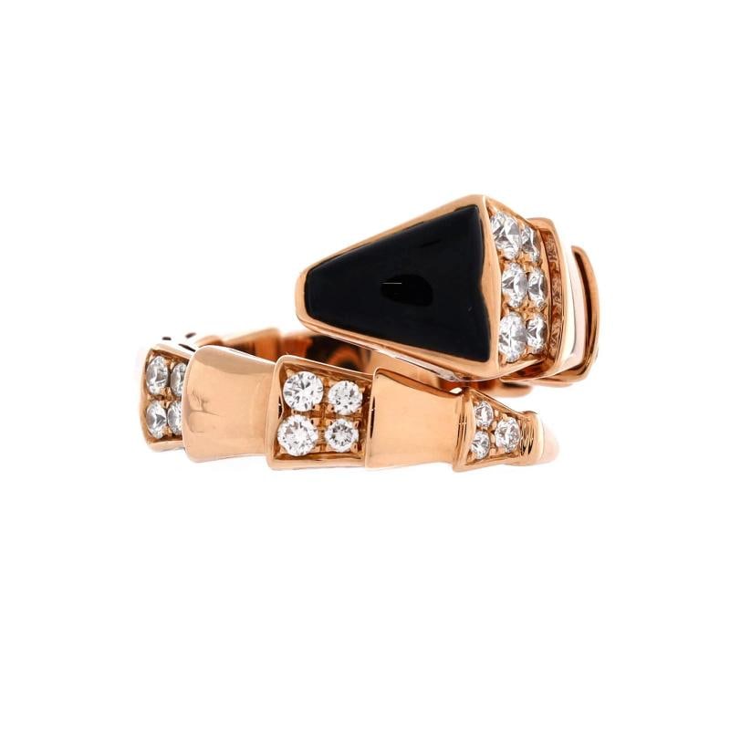 Bvlgari Serpenti Viper One-Coil Ring 18K Rose Gold with Onyx and Semi Pave: Measurements: Size: 5.75 - 51, Width: 5.25 mm . Condition: Pre-owned - Good,Brand: Bvlgari,Main Stone: Onyx,Metal: 18K Rose Gold,Metal Purity: 18K,Ring Size: 5.75 - 51,Type: Ring,Color: Rose