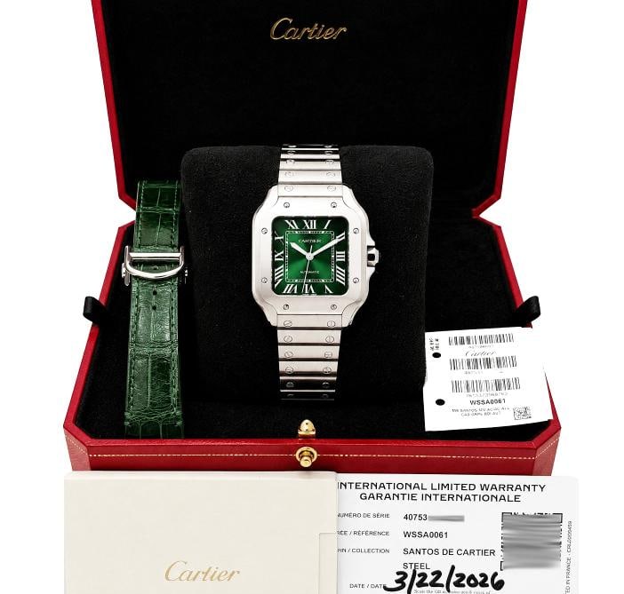 2026 Cartier Santos Medium Green Dial 4072 WSSA0061 35mm Stainless Steel: Style Number: WSSA0061 / 4072 Year: 2026 Model: Cartier Santos Medium Green Case Material: Stainless Steel Band: Stainless Steel (Comes with additional factory green leather strap) Bezel: Stainless