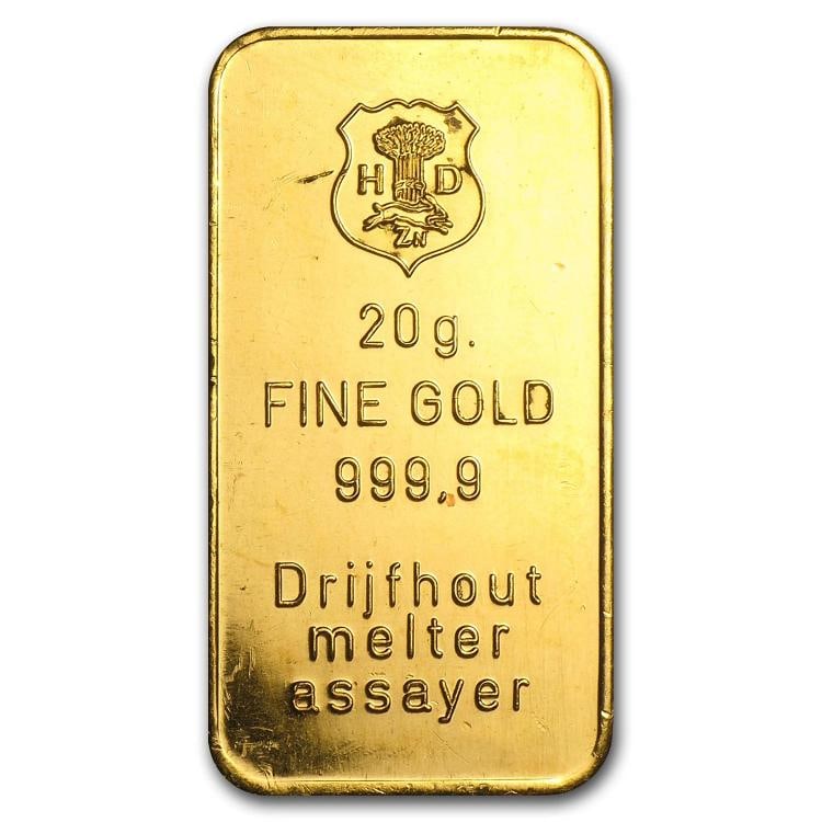20 gram Gold Bar - Secondary Market: Brand: Not Specified,MPN: 12105,Year: Random,Fineness: 0.999,Denomination: 20 grams,Circulated/Uncirculated: Circulated,Certification: Uncertified,Country of Origin: Varies