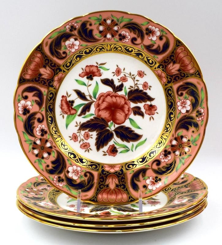 4 Royal Crown Derby Imari Derby Pink Camellias Accents Plates Set of 4: Condition: Used,Brand: Royal Crown Derby,Origin: England,Type: Plates,Set Includes: Plate Set, Plate,Material: Bone China,Backstamp: Printed,Country of Origin: United Kingdom