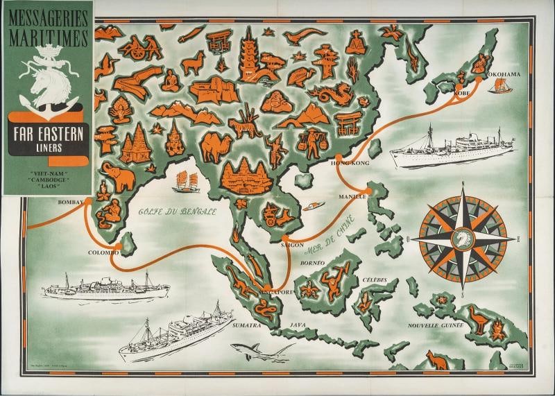 Vintage Map Poster, Far East, Cambodia, Laos, Vietnam, Ship Liner, Boat, 1950: Condition: Used,Artist: Branger,Unit of Sale: Single-Piece Work,Signed By: Branger,Size: Medium (up to 36in.),Signed: Yes,Date of Creation: 1900-1949,Title: Messageries Maritimes,Certificate of Authen