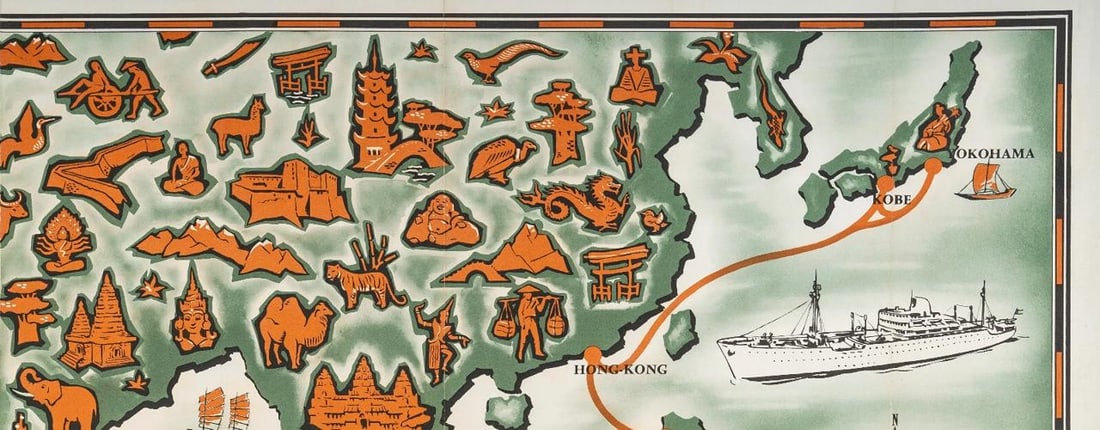 Vintage Map Poster, Far East, Cambodia, Laos, Vietnam, Ship Liner, Boat, 1950 - 3