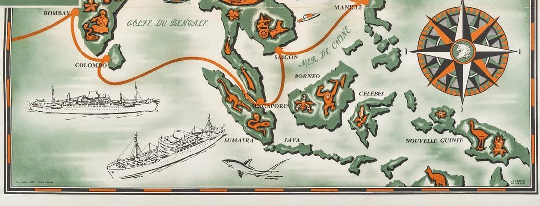 Vintage Map Poster, Far East, Cambodia, Laos, Vietnam, Ship Liner, Boat, 1950 - 5