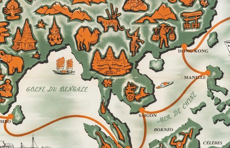 Vintage Map Poster, Far East, Cambodia, Laos, Vietnam, Ship Liner, Boat, 1950 - 6