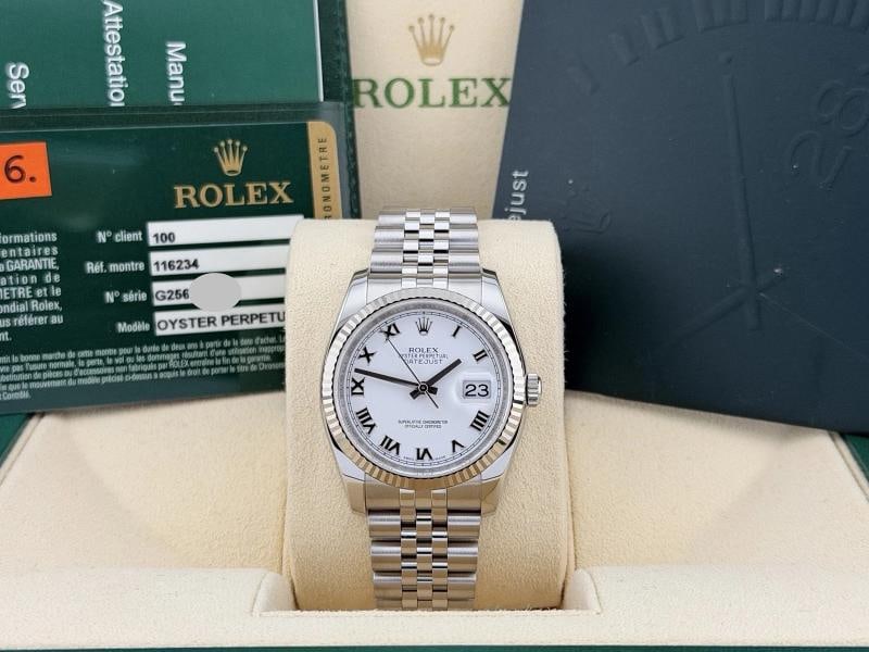 Rolex Datejust 116234 36mm White Roman Dial 18k White Gold Steel Box Paper - 14