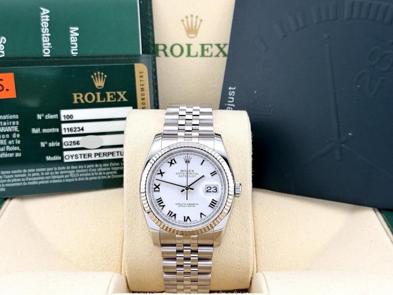 Rolex Datejust 116234 36mm White Roman Dial 18k White Gold Steel Box Paper: Condition: Pre-owned - Excellent,Bezel Color: Silver,Indices: Roman Numerals,Year Manufactured: 2010-2019,Band/Strap: Rolex Jubilee,Case Color: Silver,Department: Men,Bezel Type: Fluted,Watch Shape:
