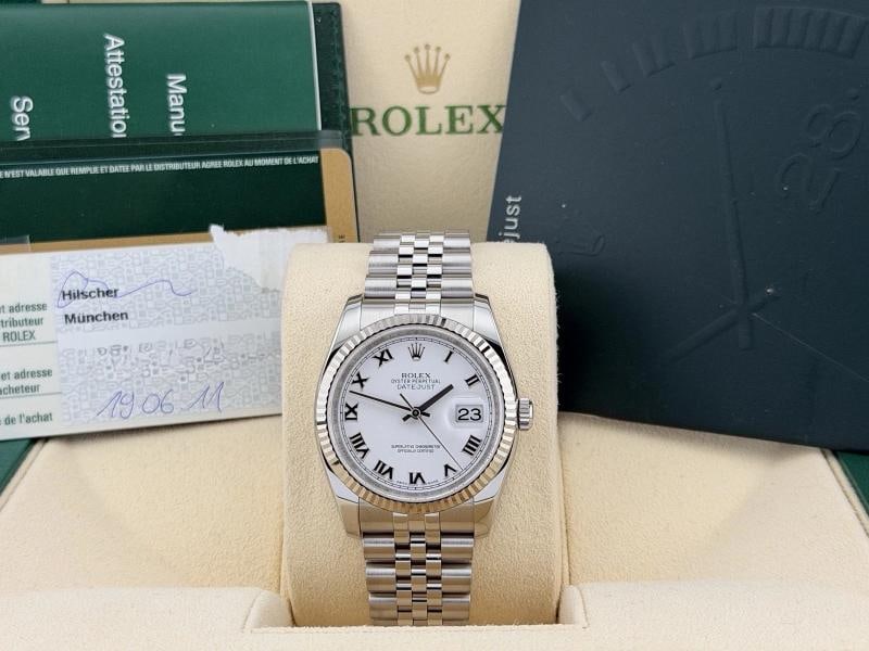 Rolex Datejust 116234 36mm White Roman Dial 18k White Gold Steel Box Paper - 2