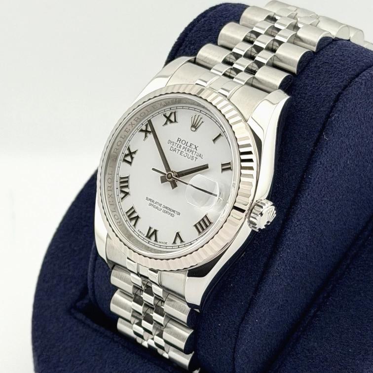 Rolex Datejust 116234 36mm White Roman Dial 18k White Gold Steel Box Paper - 9