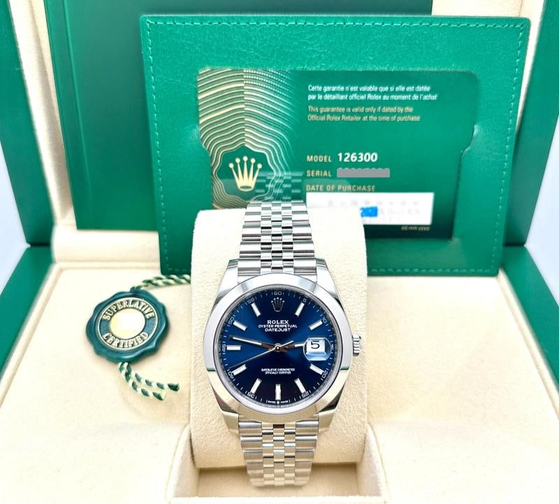 Rolex Datejust 41 126300 41mm Blue Dial Stainless Steel Jubilee Box Paper: Style Number: 126300 Year: 2020 Model: Rolex Datejust 41 Case Material: Stainless Steel Band: Stainless Steel Bezel: Stainless Steel Dial: Blue Crystal: Sapphire Case Size: 41mm Includes: - Rolex Box