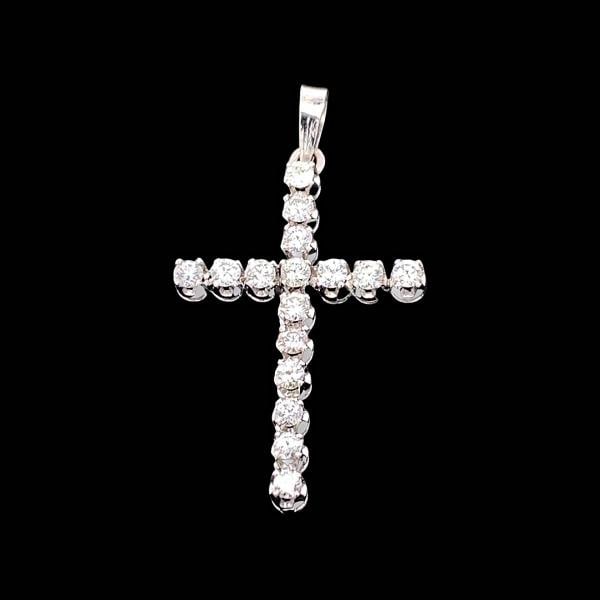 Round Brilliant Floating Diamond Cross Pendant 14kt White Gold: Condition: Pre-owned - Excellent,Pendant Shape: Cross,Main Stone Creation: Natural,Color: White,Main Stone Color: White/Colorless,Metal: White Gold,Secondary Stone: Diamond,Necklace Length: 1.5