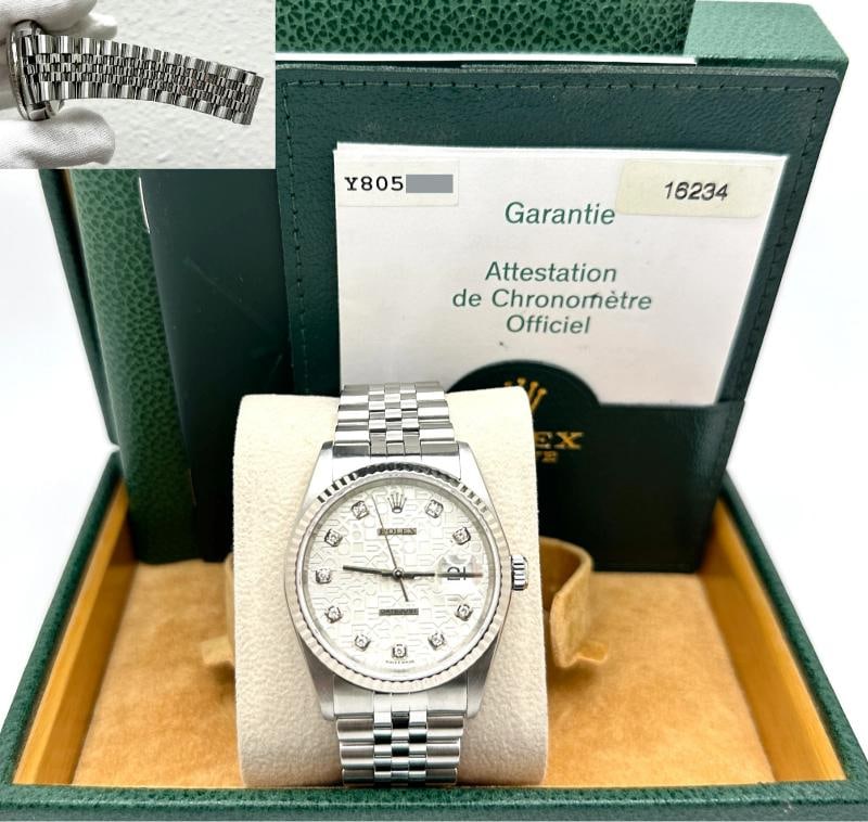 2003 Rolex Datejust 16234 Silver Jubilee Diamond Dial 18k Gold Steel Box Paper: Style Number: 16234 Serial: Y805*** Year: 2003 Model: Rolex Datejust Case Material: Stainless Steel Band: Stainless Steel Bezel: 18K White Gold Dial: Factory Silver Jubilee Diamond Dial Crystal: