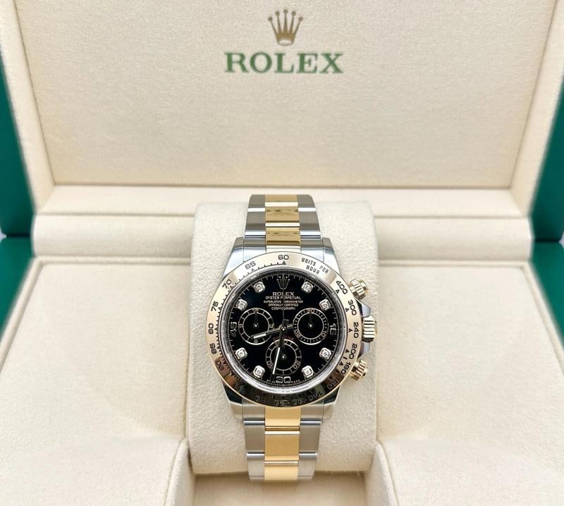 Rolex Daytona Cosmograph 116503 40mm Black Diamond Dial 18k Yellow Gold Steel: Style Number: 116503 Year: 2019 Model: Rolex Daytona Cosmograph Case Material: Stainless Steel Band: 18K Yellow Gold & Stainless Steel Bezel: 18K Yellow Gold Dial: Factory Black Diamond Dial Crystal: