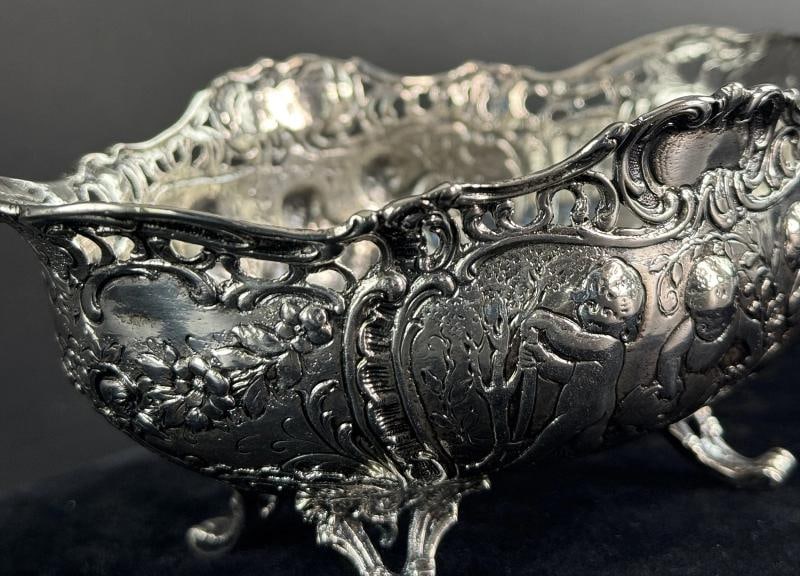 Beautiful Antique Hanau German 930 Silver Putti Cherub 4 Footed Bowl Basket - 3