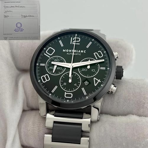 Montblanc Timewalker Chronograph 103094 43mm Steel Black Ceramic Box Paper: Condition: Pre-owned - Excellent,Bezel Color: Black,Movement: Mechanical (Automatic),Seller Warranty: Yes,Year Manufactured: 2010-2019,With Papers: Yes,Band/Strap: Bracelet,Reference Number: