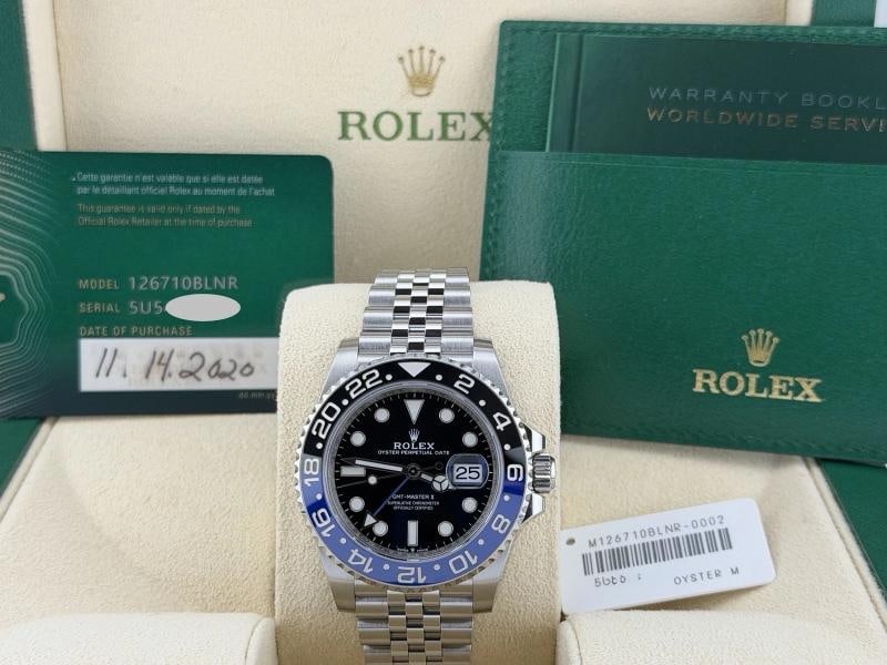 Rolex GMT Master II Batgirl 126710BLNR Black Blue Bezel Steel Jubilee Box Paper: Style Number: 126710BLNR Year: 2020 Model: Rolex GMT Master II Batgirl Case Material: Stainless Steel Band: Stainless Steel Jubilee Bezel: Batgirl - Blue & Black Ceramic Dial: Black Crystal: Sapphire