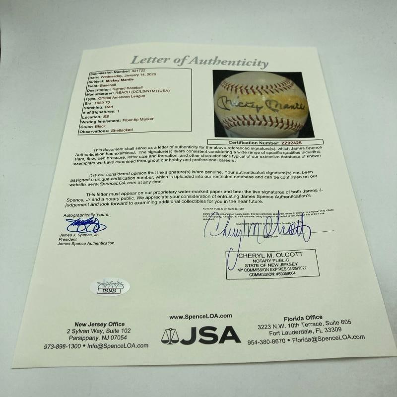 Mickey Mantle Playing Days Signed 1960's American League Joe Cronin Baseball JSA - 5