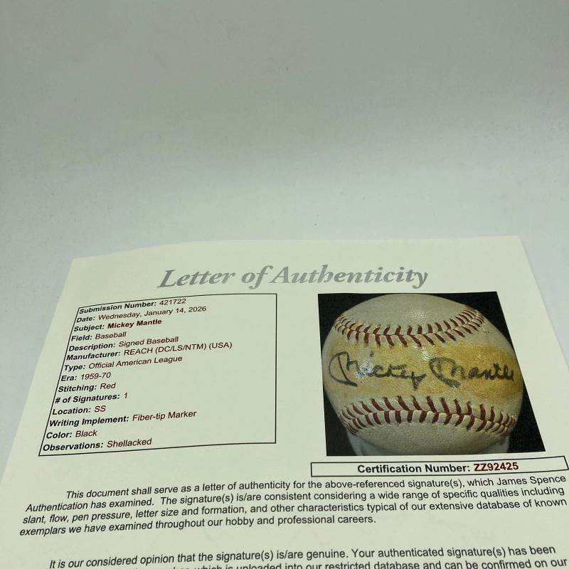 Mickey Mantle Playing Days Signed 1960's American League Joe Cronin Baseball JSA - 6