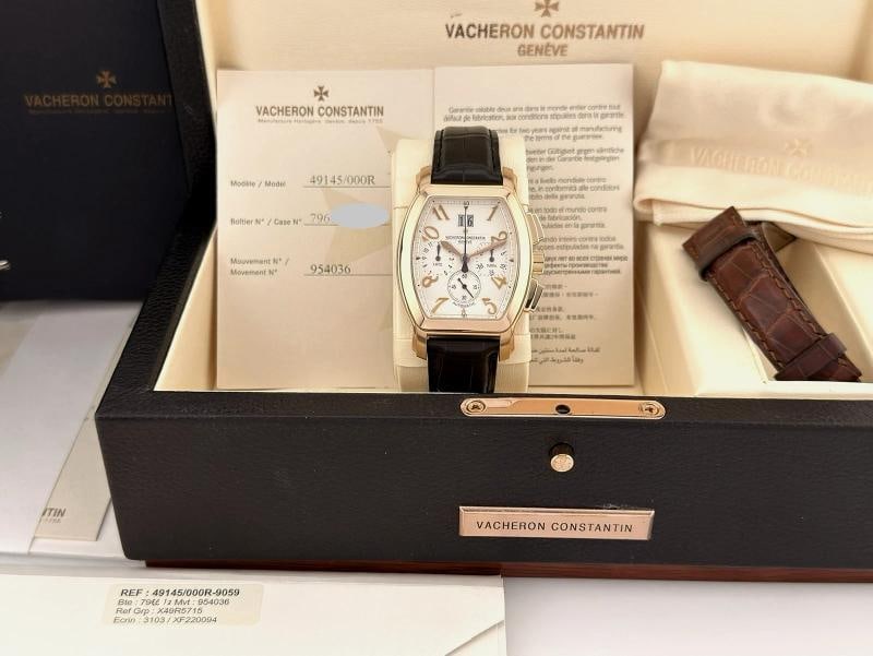 Vacheron Constantin Royal Eagle 49145/000R-9059 37mm 18k Rose Gold Box Paper: Style Number: 49145/000R-9059 Model: Vacheron Constantin Royal Eagle Case Material: 18k Rose Gold Band: Black Leather Strap (Comes with additional brown leather strap) Bezel: 18k Rose Gold Dial: