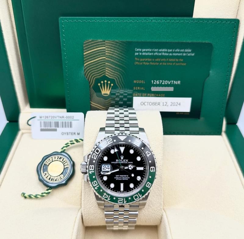 Rolex GMT Master II Sprite Jubilee 126720VTNR 40mm Green Black Steel Box Papers: Style Number: 126720VTNR Year: 2024 Model: Rolex GMT Master II "SPRITE" Case Material: Stainless Steel Band: Stainless Steel Bezel: Black & Green Ceramic Dial: Black Crystal: Sapphire Case Size: 40mm