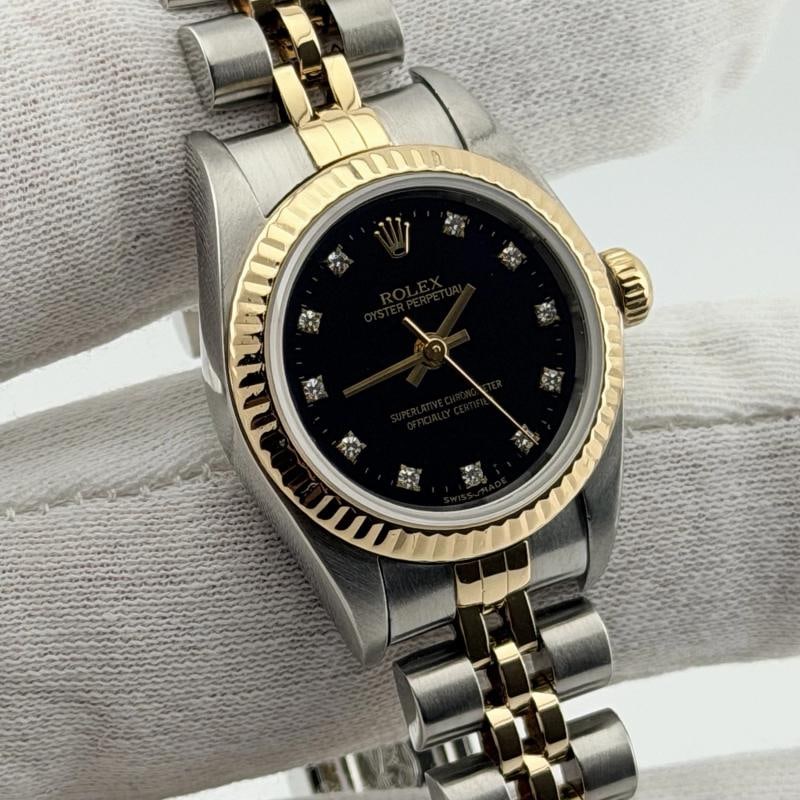 Rolex Ladies Oyster Perpetual 76193 Black Diamond Dial 18k Gold Steel Box Paper - 6