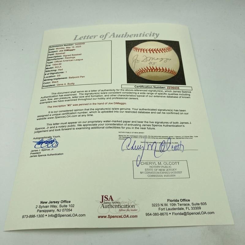 Joe Dimaggio #5 Signed Official American League Baseball JSA COA - 6