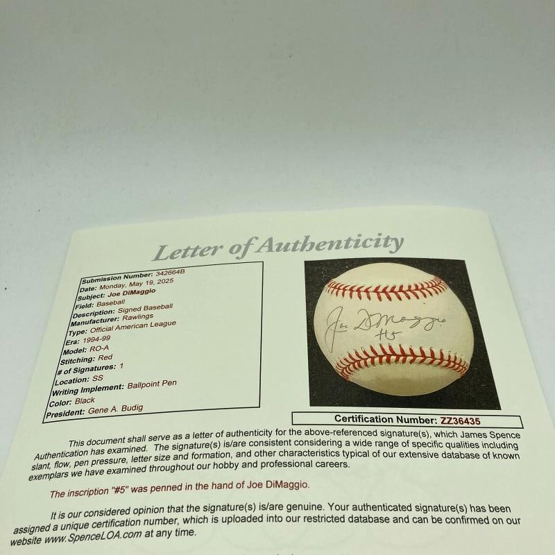 Joe Dimaggio #5 Signed Official American League Baseball JSA COA - 7