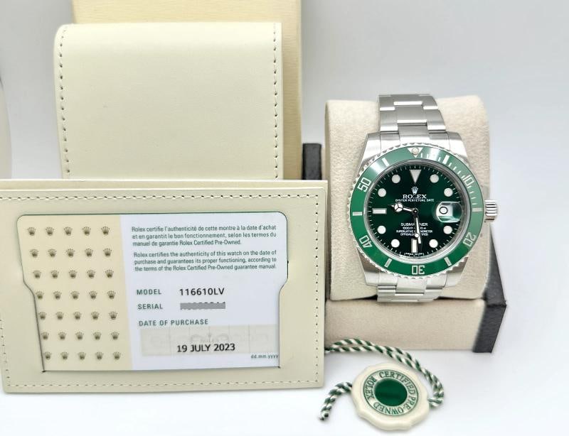2023 CPO Rolex Submariner Hulk 116610LV Green Bezel Green Dial Stainless Steel: Style Number: 116610LV Model: Rolex Submariner "Hulk" Case Material: Stainless Steel Band: Stainless Steel Bezel: Green Ceramic Dial: Green Crystal: Sapphire Crystal Case Size: 40mm Includes: - Rolex